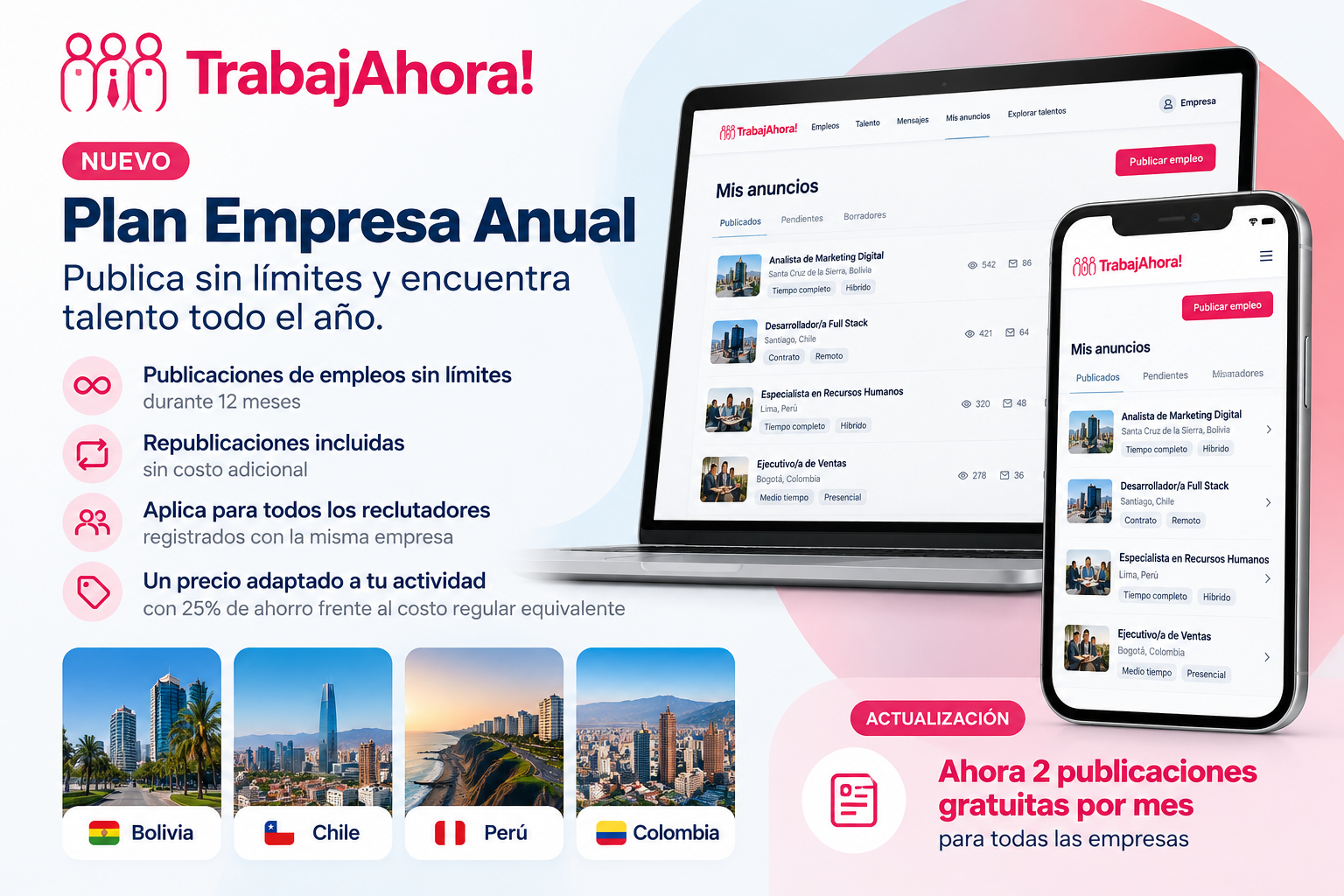 Plan Empresa anual de TrabajAhora! para empresas que buscan publicar empleos y encontrar talento en Bolivia, Chile, Colombia y Perú.